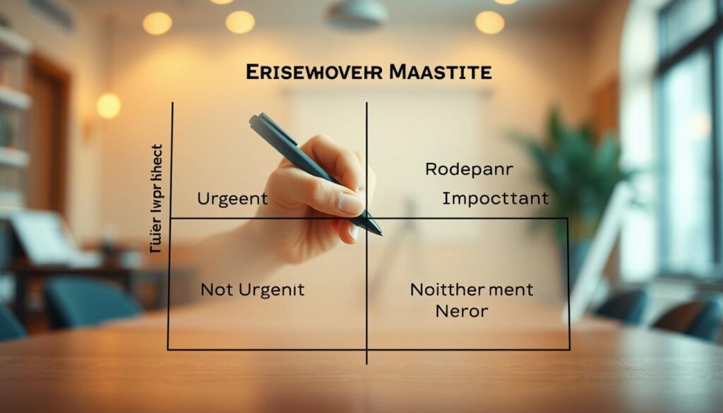 A detailed illustration of the Eisenhower Matrix, visually representing a four-quadrant grid divided into "Urgent and Important," "Not Urgent but Important," "Urgent but Not Important," and "Neither Urgent nor Important." The foreground features clearly labeled quadrants in distinct colors for clarity, conveying urgency and significance. The middle area includes a hand holding a pen, poised to make notes on the matrix, symbolizing action and decision-making. The background is a soft, blurred office environment with warm lighting, creating a professional and focused atmosphere. Captured with a Sony A7R IV at 70mm, the image is sharply defined and vibrant thanks to a polarized filter, enhancing the overall clarity and impact of the matrix.