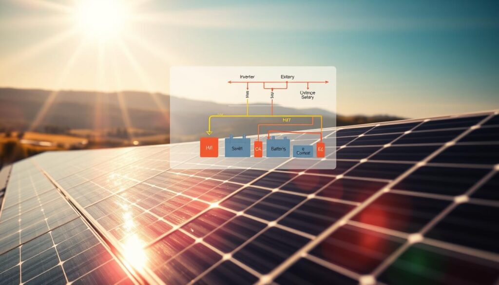 A detailed illustration of the working mechanism of a photovoltaic (PV) system, showcasing solar panels as the main subject. In the foreground, clearly defined solar panels convert sunlight into electricity, with rays of sunlight casting dynamic shadows. The middle layer features a simplified diagram indicating key components like inverters, batteries, and wiring, all depicted in vibrant colors for clarity. The background reveals a serene landscape with hills and a clear blue sky, enhancing the concept of renewable energy. The image is captured with a Sony A7R IV 70mm lens, ensuring high definition and sharp focus, utilizing a polarized filter to enhance colors and reduce glare. The atmosphere is informative yet inviting, designed to engage readers in understanding solar technology.