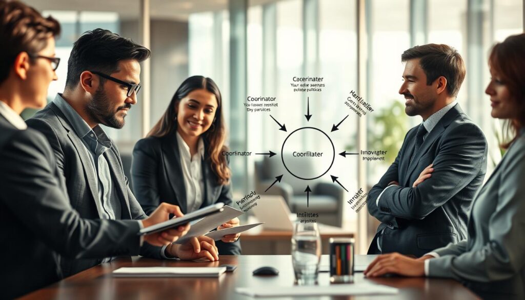 A detailed illustration of various team roles within a harmonious workplace environment. In the foreground, depict a diverse group of four professionals in business attire, engaged in discussion: a leader confidently presenting ideas, a creative thinker jotting notes, an analytical figure studying data, and a supportive team member listening attentively. In the middle ground, include a visually appealing diagram showcasing different team roles, like a coordinator, innovator, and implementer, with arrows indicating their interactions and synergies. The background features a modern office setting with glass walls, soft natural lighting casting gentle shadows, shot with a Sony A7R IV at 70mm, creating a sharp focus on the subjects and a blurred yet defined backdrop, evoking a mood of collaboration and productivity.