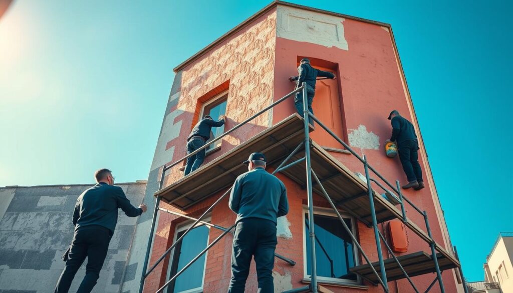 A detailed image of a facade renovation project in progress, showcasing a building with partially stripped old paint and exposed insulation panels. In the foreground, workers dressed in professional business attire are meticulously applying a fresh coat of vibrant paint on the upper levels of the building. Mid-ground features scaffolding supporting laborers, tools, and paint buckets, emphasizing the restoration effort. The background includes a sunny blue sky, with the sun casting soft shadows, creating an inviting and productive atmosphere. Shot with a Sony A7R IV at 70mm, ensuring sharp focus on the workers and details of the facade, enhanced by a polarized filter to highlight the textures of the paint and insulation. The mood conveys professionalism and dedication to quality workmanship in facade renewal.