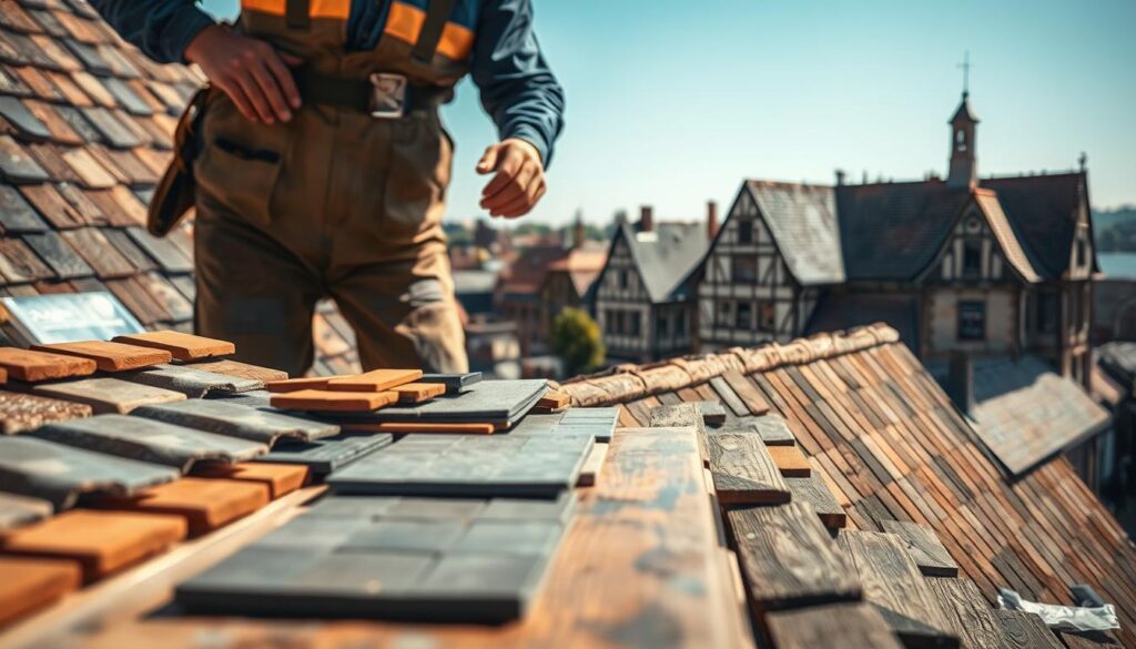 A detailed image of a roof renovation scene reflecting material choice for restoration. In the foreground, a skilled roofer in professional work attire examines various roofing materials such as clay tiles, slate, and wooden shingles arranged neatly on a wooden table. In the middle ground, the partially renovated roof of a historic building showcases a blend of traditional and modern materials, emphasizing craftsmanship. The background features the picturesque skyline of Hameln with its charming Weserrenaissance architecture under a bright blue sky. The scene is captured with a Sony A7R IV at 70mm, ensuring clear focus and sharp details. The lighting is bright and natural, creating a vibrant and inviting atmosphere.