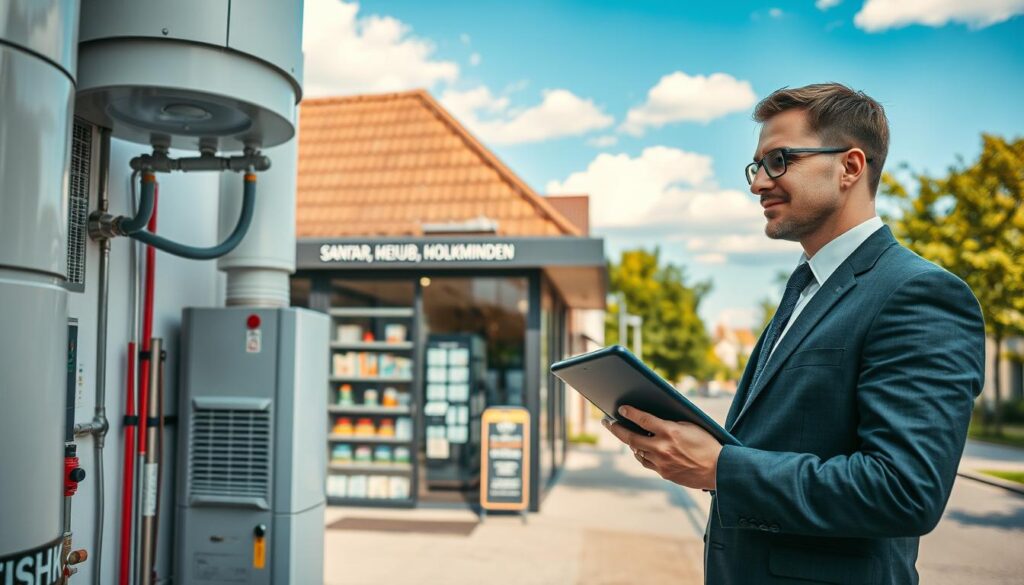 A detailed image showcasing the essence of "SHK-Betrieb Holzminden." In the foreground, a professional technician in smart business attire inspects heating equipment with a digital tablet in hand. In the middle ground, a modern SHK (Sanitär, Heizung, Klima) business office, featuring a welcoming reception area, various plumbing and heating supplies neatly arranged. In the background, a peaceful Holzminden street scene with traditional German architecture, green trees, and clear blue skies, emphasizing a serene atmosphere. The lighting is bright and inviting, captured with a Sony A7R IV at 70mm, clearly focused and sharply defined through a polarized filter, creating a vibrant and professional mood. The image should reflect reliability and trustworthiness, suitable for potential customers looking for SHK services.