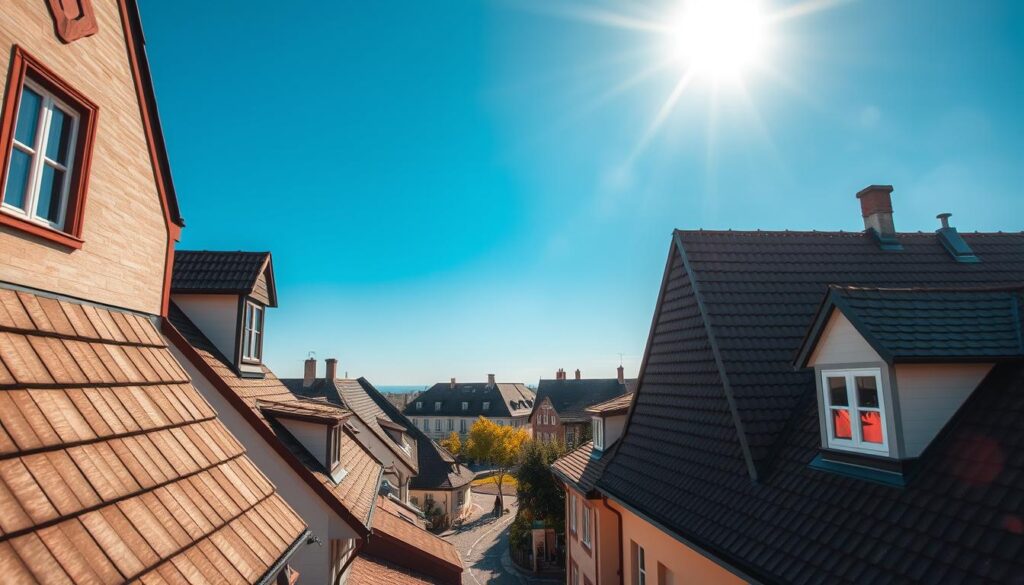 A detailed image showcasing various styles of roof dormers (Dachgauben) integrated into a quaint, European-style village scene. In the foreground, multiple types of dormers, such as gabled, hipped, and eyebrow dormers, are highlighted on charming houses, each with distinct architectural features. The middle ground captures the roofs of the houses with a clear blue sky and flaring sunlight, casting soft shadows that emphasize the dormers' structures. In the background, a picturesque town square is visible, lined with cobblestone streets and green trees, adding a lively village atmosphere. The image is shot with a Sony A7R IV at 70mm, focused sharply to accentuate the details of the dormers, enhanced by a polarized filter for vibrant colors and clarity. The lighting is warm and inviting, creating a cozy, welcoming mood.