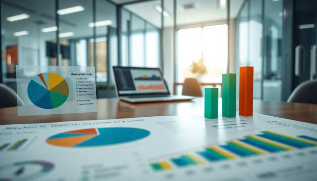 A detailed infographic illustrating "Bewerbungsstatistik," with a clean and organized layout. In the foreground, a series of colorful pie charts and bar graphs showcase statistics on job applications and interview rates, featuring vibrant colors like blue, green, and orange. In the middle, a professional business setting with a polished wooden table and a laptop displaying data analytics can be seen. The background consists of a modern office environment with glass walls, soft natural lighting illuminating the scene from a nearby window, creating a clear, focused atmosphere. The overall mood is analytical and professional. Shot on a Sony A7R IV at 70mm, ensuring crisply defined details with a polarized filter for enhanced clarity.