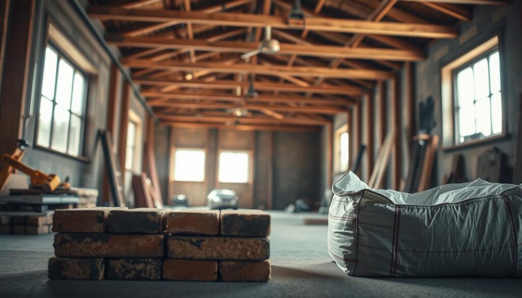 A detailed interior view of a garage construction site, prominently featuring various construction materials such as bricks, cement bags, wooden beams, and steel reinforcements. In the foreground, a neatly arranged stack of bricks and an open cement bag are displayed on a solid surface. The middle ground showcases a partially constructed garage with exposed beams and walls, illuminated by bright, natural light streaming through a nearby window, casting sharp shadows. In the background, tools such as a level and trowel are subtly placed, hinting at ongoing work. The scene captures a professional and industrious atmosphere, emphasizing craftsmanship and quality in garage building. Shot on a Sony A7R IV with a 70mm lens for clarity and focus, enhanced with a polarized filter for rich colors and detail.