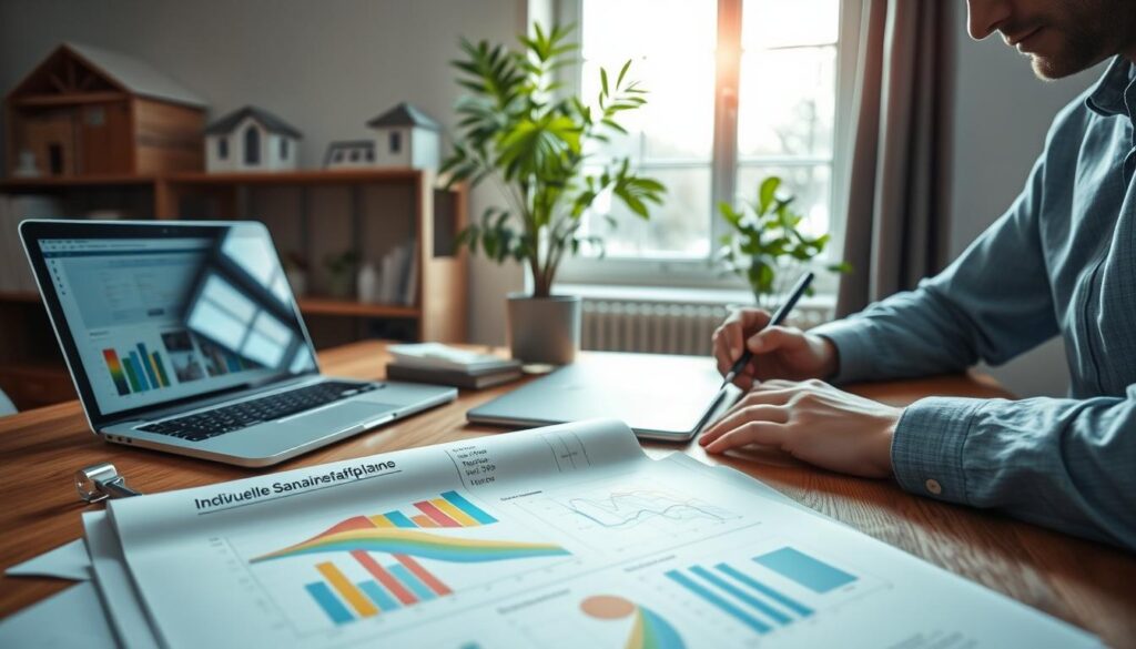 A detailed, professional workspace featuring an energy efficiency consultant reviewing "individuelle Sanierungsfahrpläne" on a wooden desk. In the foreground, an open binder with colorful graphs and plans for energy-efficient renovations, next to a laptop displaying a digital schematic. In the middle, a large window allows natural light to illuminate the space, highlighting a green indoor plant, symbolizing sustainability. The background shows architectural models and energy assessment tools neatly arranged on a shelf. The mood is focused and collaborative, emphasizing professionalism and commitment to energy efficiency. Shot on a Sony A7R IV 70mm with clear focus and sharp definition, using a polarized filter to enhance the light and colors in the scene.