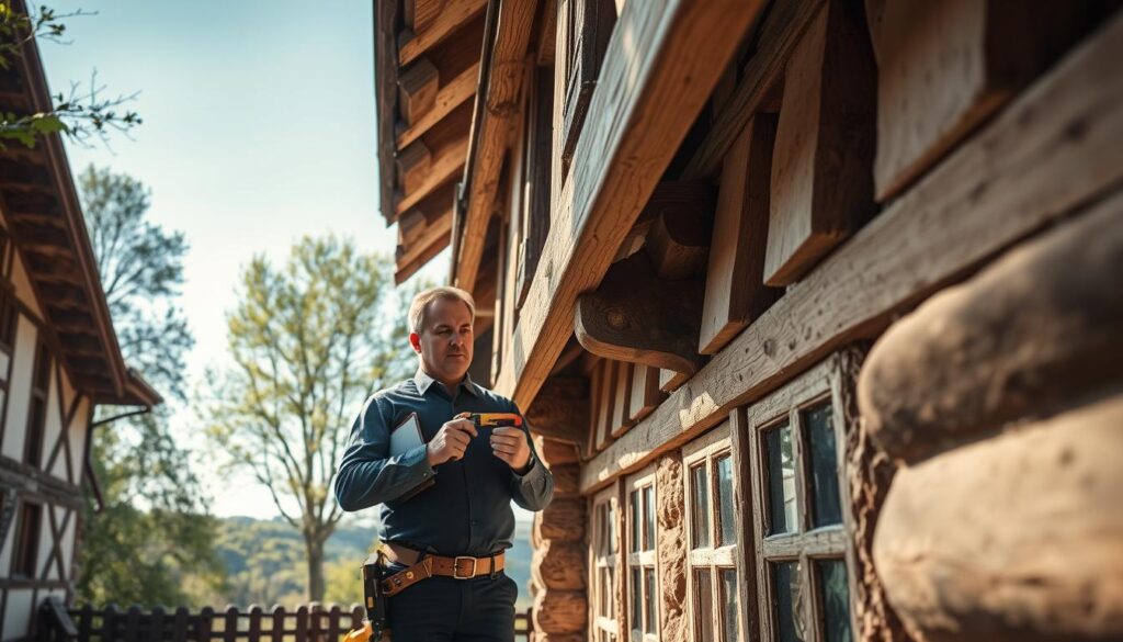 A detailed restoration scene of a half-timbered house (Fachwerkhaus) in the Weserbergland region, showcasing various wood preservation techniques against a backdrop of lush trees and a clear blue sky. In the foreground, a professional contractor in business attire carefully inspects wooden beams for damage by wood pests, equipped with tools. The middle ground features exposed framework with traditional clay filling (Lehmbau) and wooden structures undergoing treatment. The background is a serene landscape, hinting at the cultural heritage of the area. Soft, natural lighting enhances the textures of the wood and clay, captured with a Sony A7R IV at 70mm, yielding a sharply defined image with vibrant colors, evoking a harmonious and tranquil atmosphere.