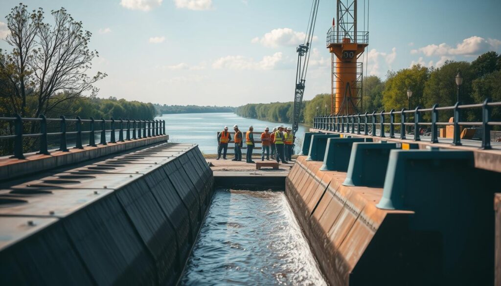 A detailed scene depicting flood protection measures along the Weser River. In the foreground, a series of robust, modern flood barriers and retention basins are strategically positioned, demonstrating their importance in flood management. In the middle ground, a diverse group of professional workers in work attire, including engineers and laborers, collaborate on the installation of these measures, showcasing teamwork and expertise. The background features a serene river landscape, with lush greenery and a clear blue sky, emphasizing the balance between nature and human intervention. Soft, natural lighting enhances the sense of calm, while the image is captured with a Sony A7R IV at 70mm, ensuring a sharply defined focus. The overall mood conveys the urgency and necessity of effective flood protection strategies.