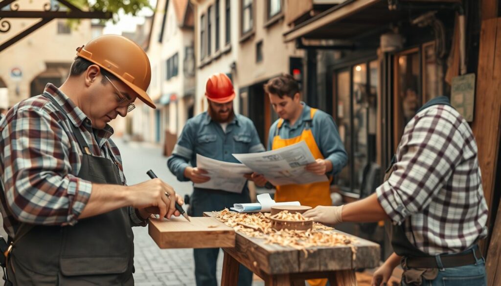 A detailed scene depicting skilled tradespeople in Holzminden engaged in various crafts. In the foreground, a carpenter meticulously cutting wood, wearing professional work attire, surrounded by tools and wood shavings. In the middle ground, a plumber and an electrician collaborate, discussing blueprints of a residential building, showcasing teamwork and expertise. The background features a charming Holzminden street with historical architecture, hinting at local businesses. Soft, natural lighting illuminates the scene, creating a warm and inviting atmosphere, while the image is shot using a Sony A7R IV at 70mm for clarity and sharpness. A polarized filter enhances color vibrancy, making the trades and surroundings pop.