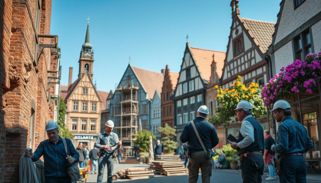 A detailed scene depicting the "Challenges of Historical Town Renovation" in the picturesque setting of Hameln's old town. In the foreground, skilled tradespeople in professional attire assess crumbling brickwork and damaged facades of historical buildings, using tools. The middle ground showcases scaffolding and restoration materials, highlighting the complexity of renovating these structures. The background features iconic old town architecture, with vibrant blooming flowers and leafy trees, under a clear blue sky that casts natural light across the scene. The mood is one of determination and focus, captured with a Sony A7R IV at 70mm, ensuring clear focus and sharp definition, with a polarized filter enhancing colors and contrasts.