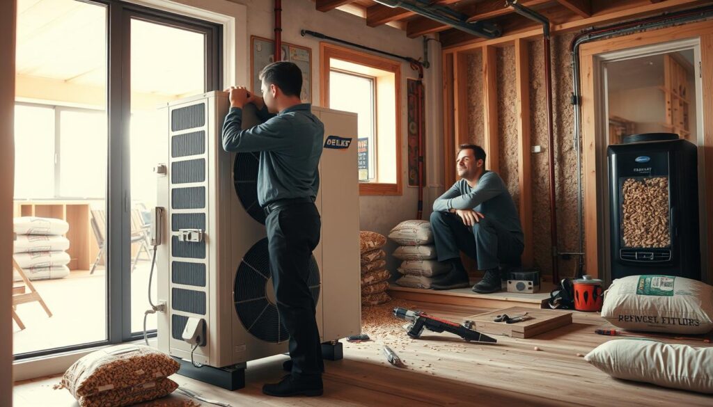 A detailed scene depicting the installation of a heat pump and pellet heating system in a modern home. In the foreground, a technician in professional attire is carefully positioning a sleek heat pump unit, showcasing the intricate piping and wiring. The middle ground features a pellet stove being installed, with bags of pellets stacked nearby and tools scattered around. In the background, a partially completed room is visible, with light streaming in from a window, illuminating the space. The setting conveys a sense of professionalism and efficiency. The image is shot with a Sony A7R IV at 70mm, utilizing a polarized filter for enhanced clarity and vivid colors, focusing sharply on the technician and the heating systems to highlight their relevance to modern energy solutions.