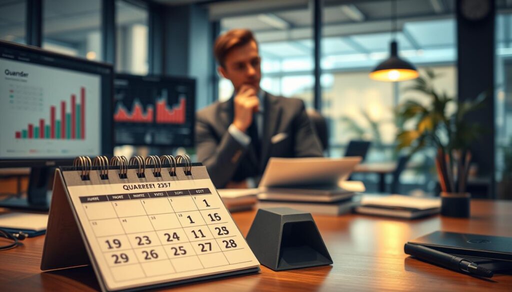 A detailed scene illustrating the concept of "Quar­talskündigungsfrist," featuring a professional office setting. In the foreground, a neatly organized desk with a calendar open to a specific quarter, showcasing dates marked for potential resignations, alongside a computer displaying charts reflecting employment trends. The middle ground reveals a focused individual in business attire, pondering over their options, with a thoughtful expression. The background is softly blurred, displaying a modern office with large windows letting in warm, natural light, creating an inviting atmosphere. Shot on a Sony A7R IV at 70mm, ensuring the image is sharply defined with vibrant colors, utilizing a polarized filter to enhance clarity and contrast. The overall mood should evoke contemplation and professional decision-making related to employment.