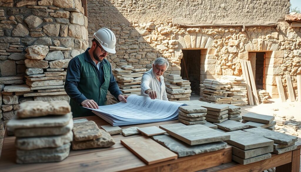A detailed scene illustrating the cost and efficiency of materials, featuring a well-organized construction site with natural stone walls and sandstone restoration elements in the foreground. Skilled masons in professional work attire carefully analyze and measure materials, using architectural plans on a wooden table. In the middle ground, a variety of natural stones and sandstones are beautifully arranged, highlighting cost-effective options. The background captures an old, restored building with exposed natural stone, symbolizing quality and durability. Bright, natural lighting enhances the textures of the materials, casting subtle shadows that emphasize craftsmanship. Shot with a Sony A7R IV at 70mm, the focus is sharp, and the colors are vibrant, creating a professional and informative atmosphere with an emphasis on sustainability and value.
