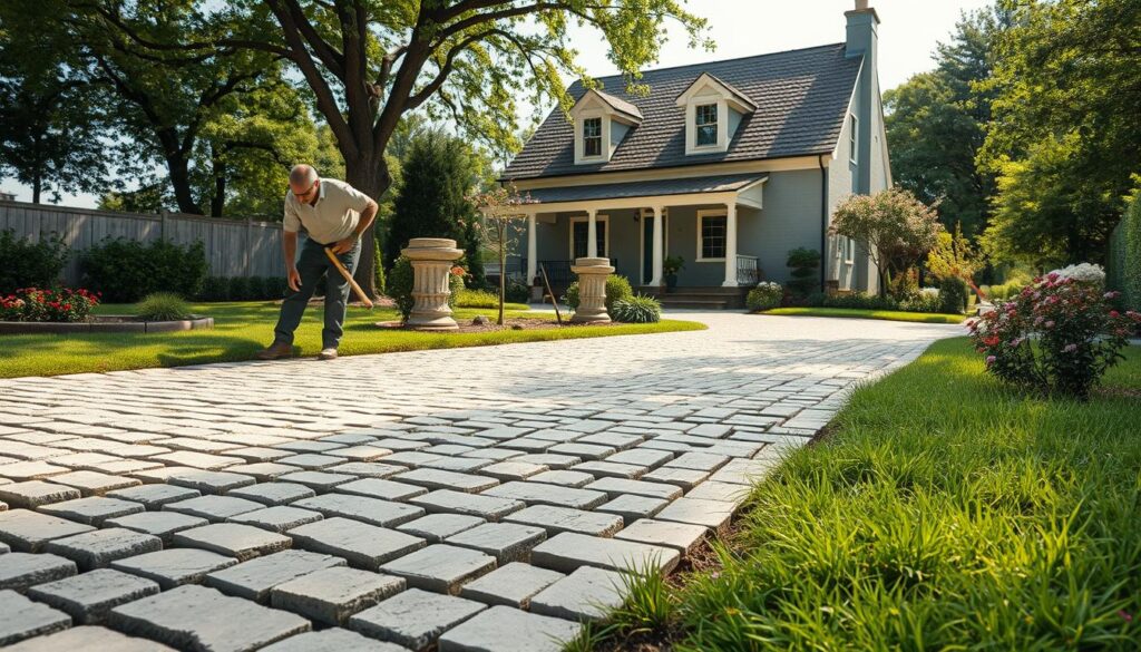A detailed scene of cobblestone pavement installation in a residential area, focusing on a skilled worker laying stones in a neat pattern for a driveway and terrace. In the foreground, the worker is depicted wearing professional work attire, utilizing tools like a level and hammer. The middle ground showcases half-completed cobblestone sections surrounded by well-maintained garden beds with green grass and blooming flowers. In the background, a charming house with a well-defined landscape and trees provides a picturesque setting. The image is shot with a Sony A7R IV at 70mm, featuring clear focus and sharp details, enhanced by natural daylight filtering through the trees, creating soft shadows for a warm, inviting mood.