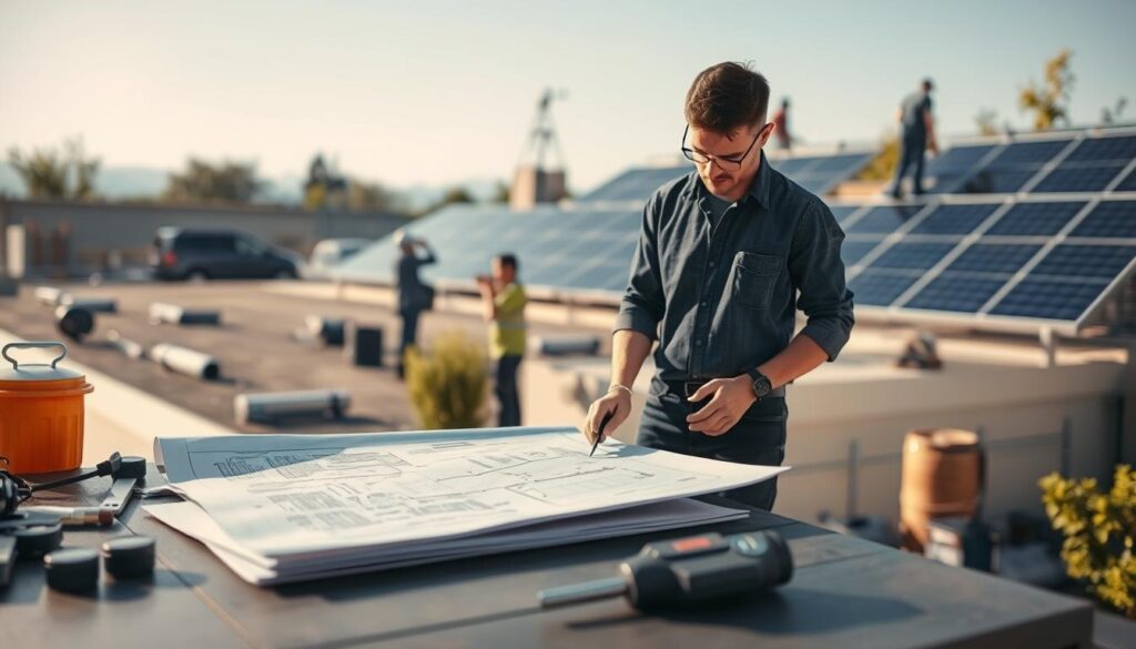 A detailed scene of planning and installation of solar thermal systems in a modern setting. In the foreground, a professional engineer in smart casual attire examines blueprints on a table, with tools and equipment nearby. In the middle, various solar panels are being installed on the roof of a contemporary building, showcasing a mix of technicians actively collaborating. The background features a clear blue sky and a few green trees, indicating a sustainable environment. Soft, natural lighting enhances the warmth of the scene, captured with a Sony A7R IV at 70mm, sharply focused with a polarized filter to reduce glare. The overall mood is one of teamwork, innovation, and commitment to renewable energy solutions.