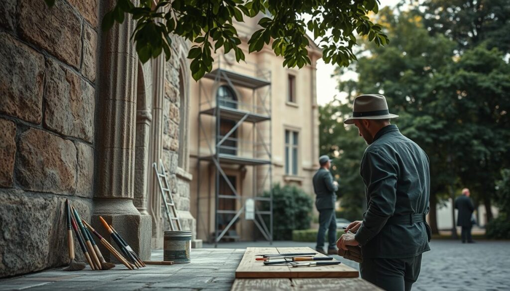 A detailed scene of the "Denkmalpflegeprozess" set in a historic architectural setting, featuring skilled artisans in professional attire. In the foreground, a painter meticulously applying traditional techniques to a weathered stone facade, with paintbrushes and tools arranged neatly beside them. The middle ground showcases scaffolding elegantly surrounding the building, emphasizing the preservation efforts. In the background, lush trees frame the scene, and soft light filters through, creating a warm and inviting atmosphere. The image is captured as if shot on a Sony A7R IV with a 70mm lens, ensuring sharp focus and clarity. The mood is respectful and reverent, highlighting the artistry and dedication involved in heritage preservation.