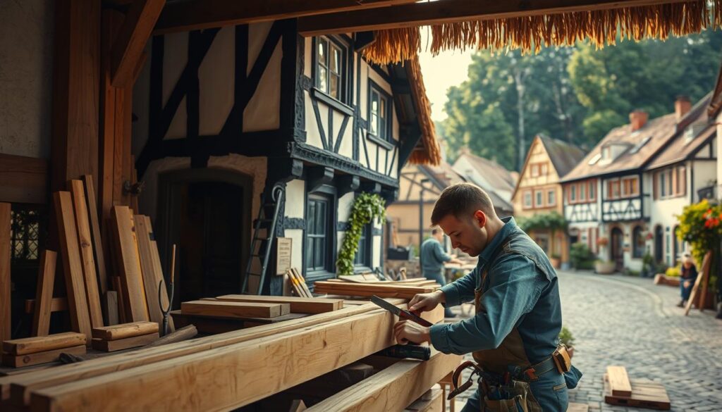 A detailed scene of the restoration of half-timbered houses, showcasing skilled carpenters in professional attire working with precision tools. In the foreground, an artisan is carefully inspecting timber beams, surrounded by wooden planks and tools, capturing the essence of craftsmanship. The middle ground features a partially restored Fachwerkhaus, with its characteristic black and white timber structure and a newly thatched roof, highlighting the contrast between old and new. In the background, a picturesque village street can be seen, with lush greenery and quaint buildings. The scene is bathed in warm afternoon light, creating a cozy and inviting atmosphere. Shot on a Sony A7R IV with a 70mm lens, ensuring a clear focus and sharp definition, using a polarized filter to enhance colors and reduce glare.