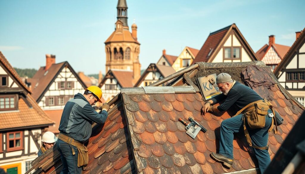 A detailed scene showcasing the restoration techniques of historic roofs on half-timbered buildings in Hann. Münden. In the foreground, skilled tradespeople, dressed in professional work attire, are carefully replacing shingles with traditional materials, emphasizing craftsmanship. The middle ground features a partially restored roof with scaffolding, showcasing various tools and materials used in the restoration process. In the background, an array of charming, well-preserved half-timbered houses reflects the town’s architectural heritage under a clear blue sky. The image is shot on a Sony A7R IV at 70mm, with a polarized filter to enhance colors and details. The lighting is warm and natural, conveying a sense of dedication and care in preserving history.