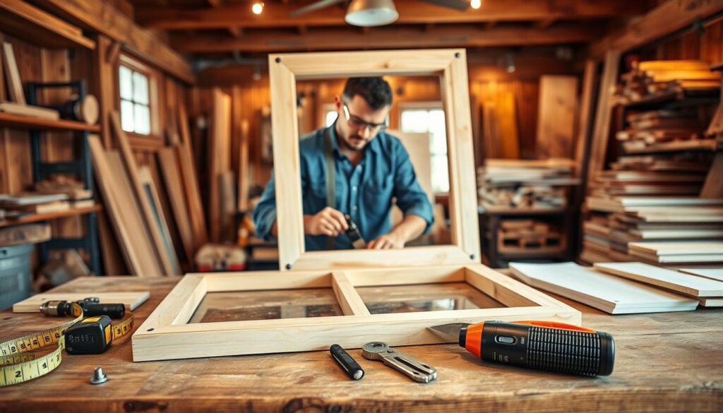 A detailed step-by-step window replacement guide laid out on a wooden workbench. In the foreground, tools such as a measuring tape, screwdriver, and utility knife are neatly arranged beside a partially removed window frame. In the middle, a professional carpenter wearing a blue shirt and safety goggles is carefully measuring the new wooden frame to ensure a perfect fit. The background features a cozy workshop with warm lighting, wooden beams, and various wood pieces stacked against the walls. The scene is shot clearly with a Sony A7R IV at 70mm, using a polarized filter for defined textures and colors, evoking a focused and motivated atmosphere, ideal for DIY enthusiasts.