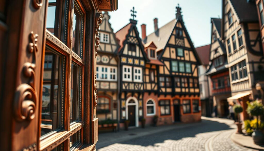 A detailed view of Weserrenaissance houses, showcasing their distinctive architectural features, such as ornate gables, decorative woodwork, and intricate facades. The foreground highlights a beautifully crafted window frame with floral motifs, while the middle ground reveals a row of multi-story buildings, each adorned with colorful frescoes and unique rooflines. In the background, a quaint cobblestone street adds to the historic ambiance. The scene is bathed in warm afternoon sunlight, illuminating the textures of the brick and timber structures, and casting soft shadows. Shot with a Sony A7R IV at 70mm, the image is clearly focused and sharply defined, enhanced by a polarized filter to enrich colors. The overall mood reflects a sense of nostalgia and admiration for the exquisite craftsmanship of the Weserrenaissance style.