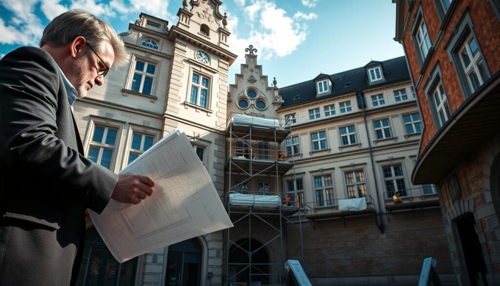 A detailed view of a beautifully restored historical building's façade in Hameln, showcasing the harmonious blend of modern restoration techniques and preservation of classic architectural elements. In the foreground, a professional architect in business attire examines blueprints, symbolizing the economic aspects of renovation. The middle ground displays scaffolding around the building, freshly applied restoration materials, and a team of workers collaborating efficiently. The background features a clear blue sky with soft natural light filtering through, illuminating the intricate details of the façade. Shot with a Sony A7R IV at 70mm, creating a sharply defined, well-composed image with a slight depth of field, indicating a professional atmosphere that emphasizes careful planning and execution in building restoration.