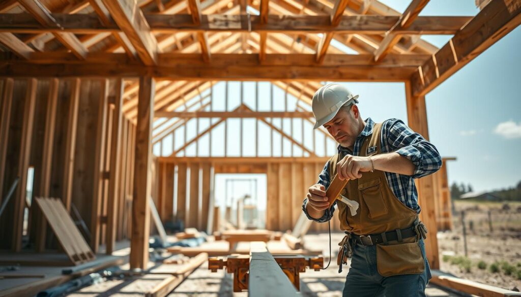 A detailed view of a construction site focused on the transformation of a barn into a residential home. In the foreground, a skilled carpenter dressed in professional work attire is carefully measuring wooden beams, surrounded by tools and building materials. The middle ground features the barn with partially removed walls, showcasing construction progress and an exposed interior. In the background, a clear blue sky provides natural sunlight, highlighting the textures of wood and metal. The scene evokes a sense of industriousness and meticulous planning. Shot on a Sony A7R IV with a 70mm lens, the image is sharply defined and clearly focused, complemented by a polarized filter to enhance color saturation and reduce glare, capturing the vibrant energy of the renovation process.
