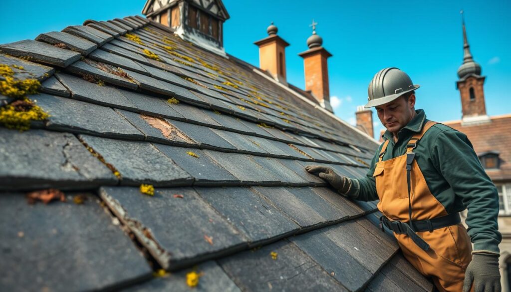 A detailed view of a historic slate roof in Bückeburg, highlighting specific areas of damage such as cracked slates, moss growth, and loose tiles. In the foreground, a professional roofer, dressed in practical work attire, inspects the roof with a focus on identifying these damages. The middle layer features the textured slates, showcasing their age and craftsmanship, while the background includes elements of the surrounding historic architecture and a clear blue sky. Shot with a Sony A7R IV at 70mm, the image captures sharp details and vibrant colors, enhanced by a polarized filter to reduce glare and emphasize the textures of the roof. The overall mood is focused and informative, conveying the importance of timely roof damage detection.