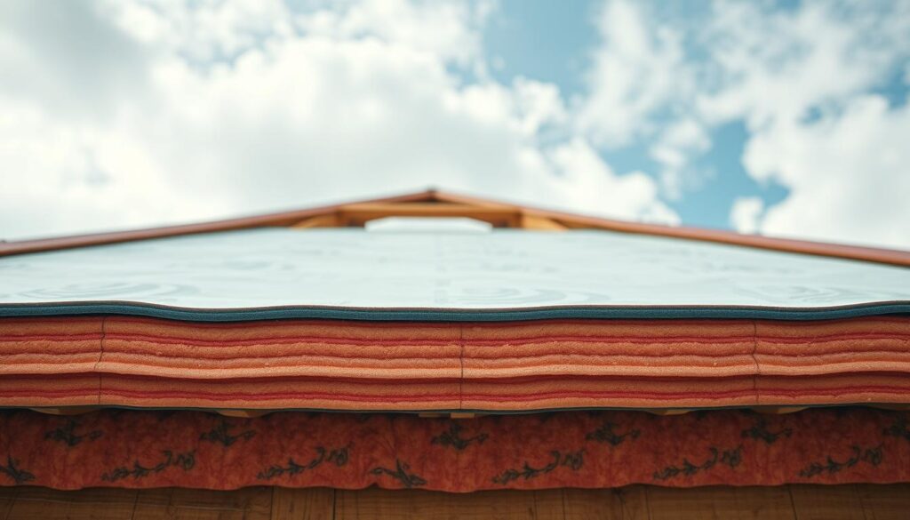 A detailed view of a modern roof insulation system, showcasing layers of high-quality insulation materials, with a focus on the vibrant textures and colors of the materials. In the foreground, highlight the insulation board clearly, emphasizing its thickness and composition. The middle ground features a roof structure with wooden beams and underlayment, illustrating the installation process, while the background reveals a partially cloudy sky, creating a soft, diffused light effect. The scene is captured in a professional manner, shot with a Sony A7R IV at 70mm, ensuring sharp focus and clarity. The atmosphere is informative and professional, suitable for a construction or home improvement context, without any text or distractions.