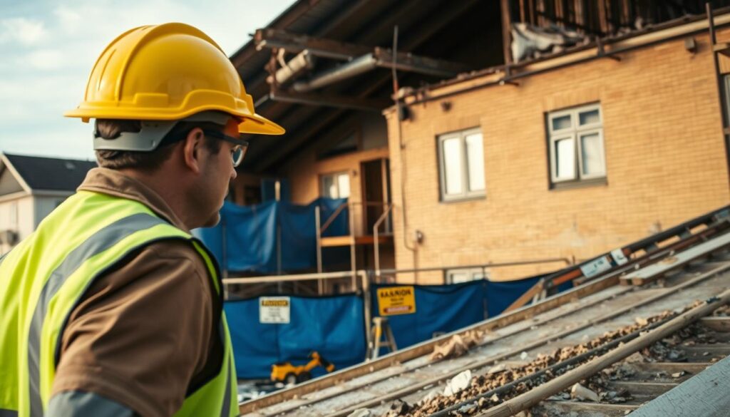 A detailed view of a professional asbestos removal site. In the foreground, a contractor in a hard hat and safety gear, wearing a bright yellow vest, inspects a section of the roof with visible asbestos materials carefully removed. In the middle ground, a containment area with blue tarps and warning signs about asbestos hazards, with tools and equipment for safe removal. The background shows a residential building undergoing renovation, with scaffolding and a clear sky above. The lighting is natural daylight, capturing the seriousness of the operation, shot with a Sony A7R IV at 70mm for crisp detail. The mood conveys a sense of professionalism, safety, and urgency, highlighting the importance of asbestos removal costs.