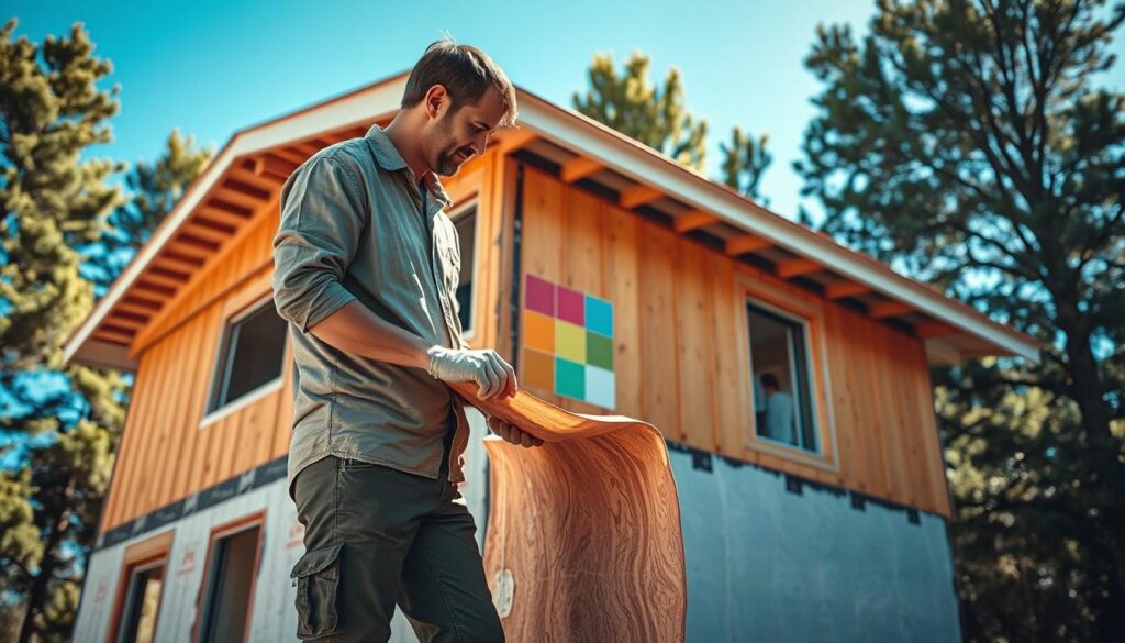 A detailed view of a professional painter applying exterior thermal insulation on a building under construction. In the foreground, a painter in modest casual clothing is carefully smoothing out the insulation material, showcasing layers of different types of insulation. In the middle ground, the partially finished facade exhibits energy-efficient thermal panels and vibrant color samples for future painting. The background features a clear blue sky and trees surrounding the construction site. The image is captured with a Sony A7R IV at 70mm, sharply focused with a polarized filter, highlighting the textures of the insulation materials. The atmosphere conveys a sense of professionalism and forward-thinking energy efficiency. Bright, natural lighting enhances the details and colors of the scene.