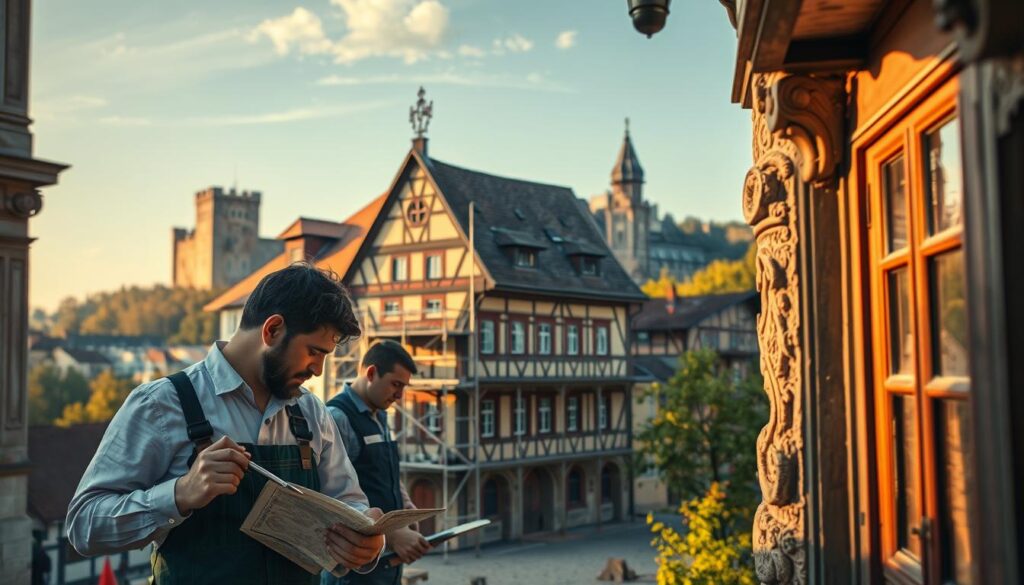 A detailed view of restoration work in Bückeburg, showcasing the careful preservation of historic architecture. In the foreground, skilled restorers in professional attire meticulously examining intricately carved stone details and wooden elements of a façade, tools in hand. The middle ground features a partially restored historic building, revealing vibrant colors and textures of traditional German architecture, with scaffolding and protective barriers. The background displays Bückeburg’s picturesque skyline, including the silhouette of the castle and surrounding trees, bathed in soft, warm afternoon light. The image captures a mood of dedication and craftsmanship, emphasizing the importance of heritage conservation. Shot with a Sony A7R IV at 70mm, the scene is sharply defined with rich colors, employing a polarized filter for clarity.