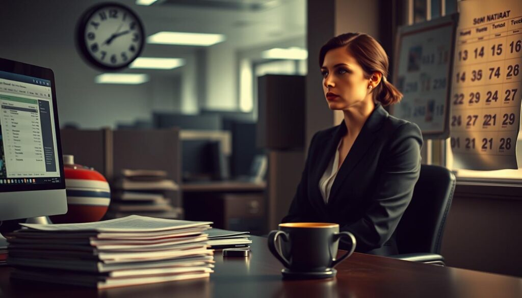 A dimly lit office environment with a clock on the wall showing a slow passage of time, emphasizing the feeling of waiting. In the foreground, a neatly organized desk holds a stack of job applications, a computer displaying an email inbox with unread messages, and a steaming cup of coffee that appears to be forgotten. In the middle ground, a professional individual in business attire (a woman wearing a blazer) gazes thoughtfully out of the window, reflecting a mix of anticipation and concern. The background features blurred office cubicles and a calendar marked with several pending dates, creating a sense of urgency. The overall mood is one of tension and expectant longing. Shot on a Sony A7R IV at 70mm, with a polarized filter for clarity and focus.