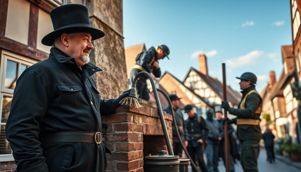 A diverse group of chimney sweeps in Hameln, showcasing various types and styles of chimney sweeping attire. In the foreground, two chimney sweeps: one in traditional black attire with a top hat and the other in modern, safety-conscious clothing. In the middle, a specialized sweep using tools like brushes and vacuum cleaners, diligently working on a chimney, while another inspects the fireplace. The background features a picturesque Hameln street, complete with half-timbered houses and a clear blue sky. The scene is illuminated by soft, natural lighting, emphasizing the professionalism and teamwork of the chimney sweeps. Shot with a Sony A7R IV at 70mm, the image is sharply defined, showcasing the dedicated work and camaraderie among the chimney sweeps.