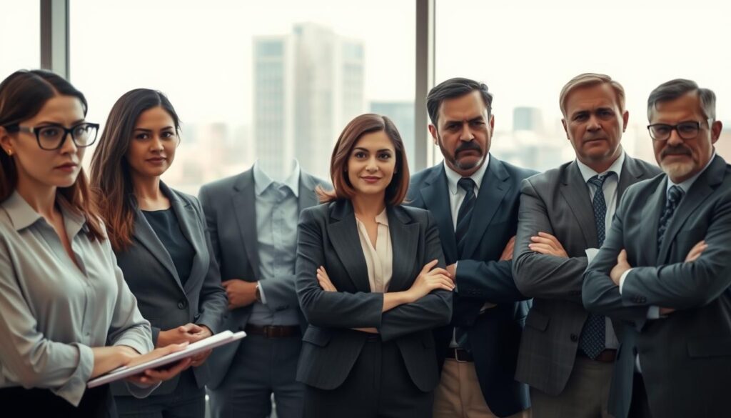 A diverse group of five professionals in a modern office setting, each displaying distinct reactions to criticism. In the foreground, a woman with glasses in professional attire looks contemplative, holding a notepad. To her right, a man in a suit appears defensive, crossing his arms. In the middle, a woman with short hair smiles politely, indicating acceptance, while a man next to her frowns, looking frustrated. In the background, a large window lets in soft, natural light highlighting a cityscape. The atmosphere is tense yet constructive, embodying a range of emotions, from contemplation to defensiveness. Shot on a Sony A7R IV at 70mm, clearly focused and sharply defined, with a polarized filter for enhanced clarity.