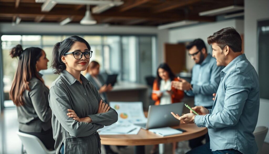 A diverse group of professionals engaged in a dynamic team discussion, emphasizing various roles within the team. In the foreground, a confident woman with glasses stands, actively sharing her ideas, representing a leadership role. To her right, a thoughtful man gestures with his hands, illustrating a collaborative role, while on her left, a woman jots notes, symbolizing a supportive position. The middle ground features a round table surrounded by charts and a laptop, showcasing teamwork in action. In the background, a bright, well-lit office space with large windows evokes an atmosphere of positivity and productivity. Shot on a Sony A7R IV at 70mm, the image is sharply defined with a polarized filter, capturing the essence of team dynamics in professional attire without any text or overlays.