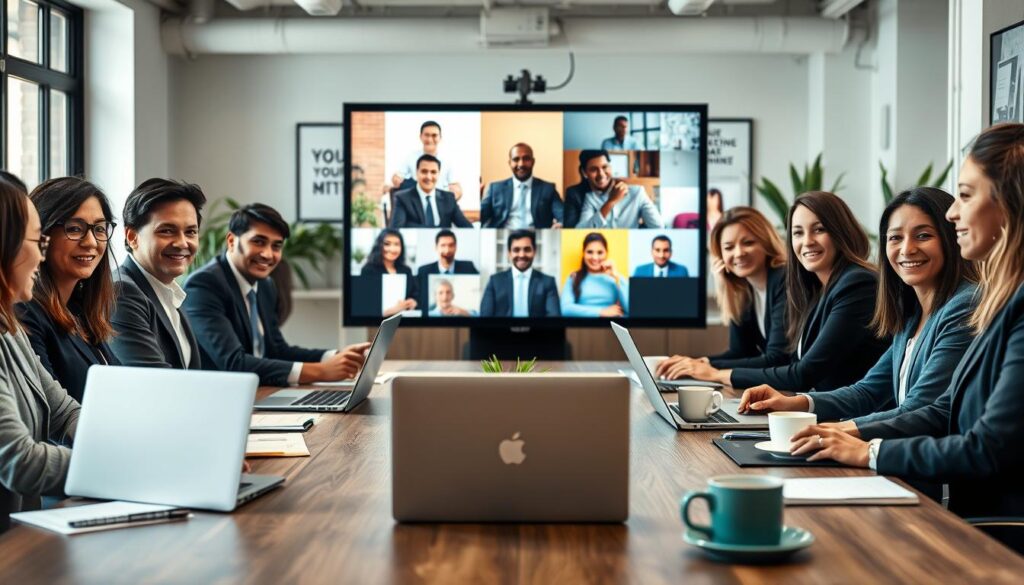 A diverse group of professionals engaged in a virtual meeting, representing various demographics including age, ethnicity, and gender, all dressed in smart business attire. The foreground features an artistically arranged table with laptops, notebooks, and coffee cups, emphasizing a collaborative atmosphere. In the middle, the participants are shown in split-screen segments on a large screen, conveying active discussion and engagement. The background includes a modern office space, subtly decorated with plants and motivational artwork, creating a productive environment. The lighting is bright and inviting, highlighting the faces of the participants, while a soft focus effect pushes the background slightly out of focus. Shot on Sony A7R IV at 70mm, with a polarized filter to enhance colors and contrast, the overall mood is dynamic and focused on collaboration and connection.