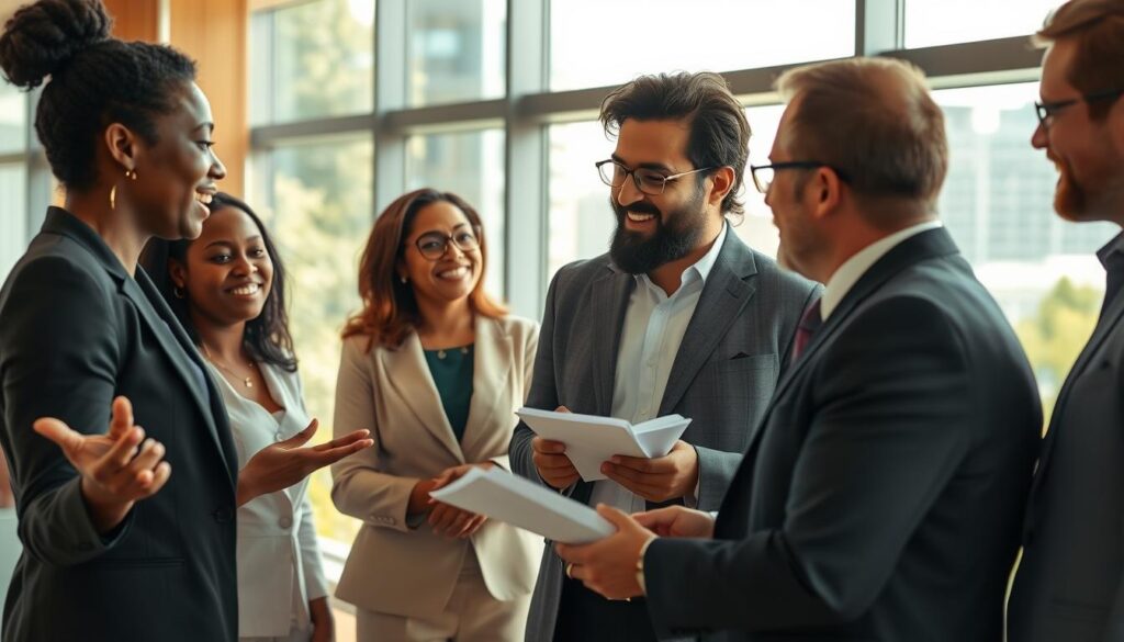 A diverse group of professionals gathered in a sunlit conference room, engaged in a collaborative discussion that embodies the spirit of overcoming prejudices and fostering tolerance. In the foreground, a Black woman in a smart blazer passionately presents her ideas, while a Middle-Eastern man takes notes attentively. The middle ground features a Hispanic woman and a Caucasian man sharing a smile and exchanging perspectives. The background showcases a large window with city views, filled with greenery outside, adding a sense of openness. The lighting is warm and inviting, emphasizing the camaraderie among the group. The scene is captured using a Sony A7R IV at 70mm, producing a sharply defined, professional image, enhanced by a polarized filter to enrich colors and contrast. The mood is hopeful and inspiring, reflecting success stories in the journey towards greater tolerance.
