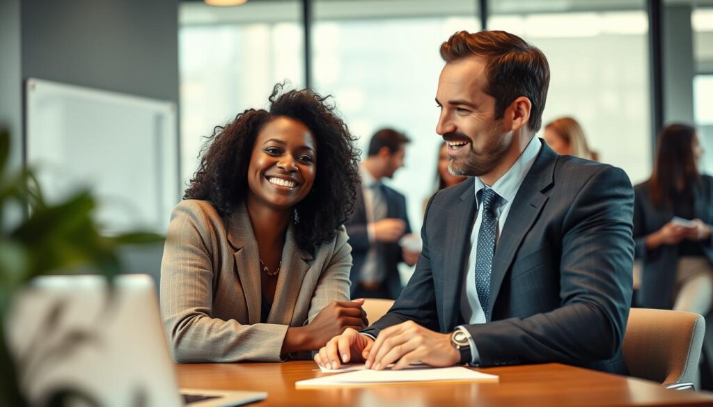 A diverse group of professionals in a modern office setting, engaged in a collaborative meeting, showcasing emotional bonding among team members. The foreground features two colleagues, a Black woman and a Caucasian man, sharing a supportive moment, smiling and discussing ideas. In the middle ground, other team members, dressed in professional business attire, are attentively listening and exchanging notes. The background includes a large window with soft, natural light streaming in, creating an inviting atmosphere. The composition captures a sense of warmth and connection, emphasizing teamwork and leadership strategies. The scene is shot with a Sony A7R IV at 70mm, clearly focused and sharply defined, using a polarized filter to enhance colors and reduce glare, evoking a positive and productive mood.
