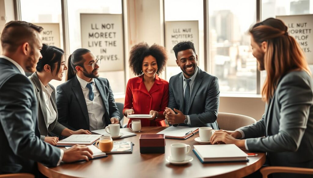 A diverse group of professionals in business attire engaged in a collaborative discussion in a modern office setting. The foreground showcases a circular table with open notebooks, laptops, and coffee cups, symbolizing shared ideas and cultural influences. In the middle, the individuals—men and women of different ethnic backgrounds—are animatedly exchanging perspectives, with expressions of curiosity and determination on their faces. The background features large windows with cityscape views and motivational artwork on the walls, conveying an atmosphere of aspiration and success. Soft, natural lighting filters through the space, emphasizing the warmth and dynamism of the collaboration. Captured with a Sony A7R IV at 70mm, the image is sharply defined with a polarized filter, highlighting the professionals and their environment.
