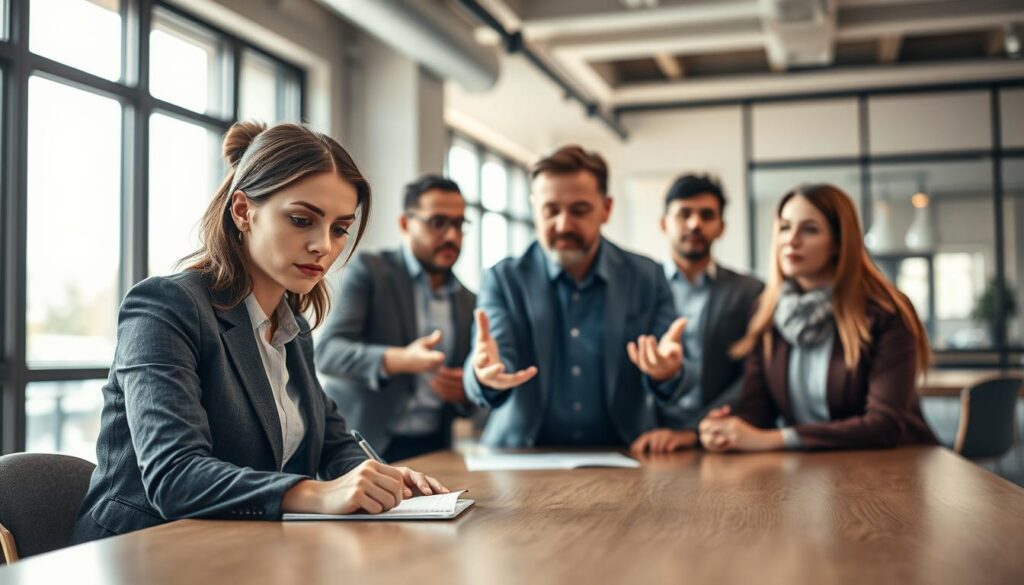A diverse team of professionals gathered around a large table, engaged in a dynamic discussion about team roles. The foreground features a focused young woman in business attire taking notes, with a thoughtful expression. In the middle, a middle-aged man gestures passionately, illustrating his point, while a young man looks on with interest. The background shows a bright, modern office space with large windows letting in natural light, creating a warm atmosphere. Soft shadows add depth, emphasizing the interaction among team members. Shot on a Sony A7R IV with a 70mm lens, using a polarized filter for clarity and definition, capturing the essence of teamwork and collaboration, highlighting how team roles are recognized and established.