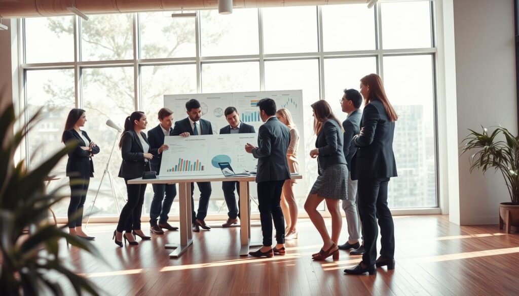 A dynamic and engaged team working together in a bright, modern office space. In the foreground, a diverse group of professionals in smart business attire huddles around a large table, examining project plans and discussing ideas enthusiastically. The middle ground features a digital whiteboard filled with colorful charts and notes, emphasizing collaboration. The background showcases large windows allowing natural light to pour in, creating an open and inviting atmosphere. Soft shadows are cast on the wooden floor, adding warmth to the scene. The image is captured with a Sony A7R IV at 70mm, ensuring clarity and sharp definition throughout, rich with vibrant colors due to the use of a polarized filter. The overall mood is energetic and collaborative, reflecting a proactive and positive workplace.