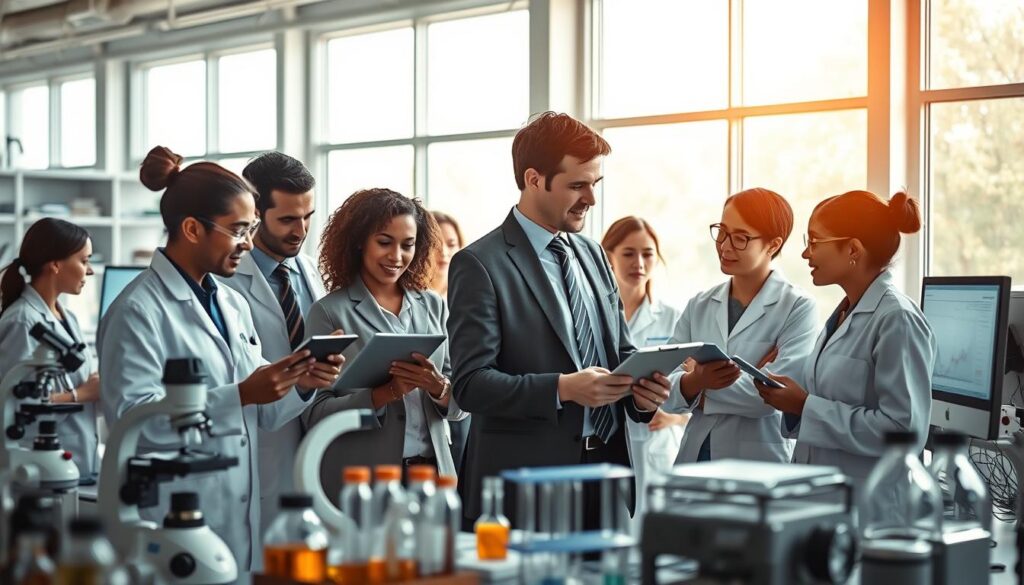 A dynamic and professional composition showcasing the career opportunities for scientists in a laboratory setting. In the foreground, a diverse group of scientists in business attire engaged in collaborative discussions, examining data on digital tablets and analyzing samples. The middle ground features scientific equipment, such as microscopes, test tubes, and monitors displaying complex graphs, emphasizing innovation and discovery. The background displays large windows allowing natural light to flood in, creating a bright and inspiring atmosphere. The image is shot on a Sony A7R IV with a 70mm lens, ensuring each detail is sharply defined and in focus. The overall mood conveys optimism and professionalism, reflecting the promising job market for natural scientists.