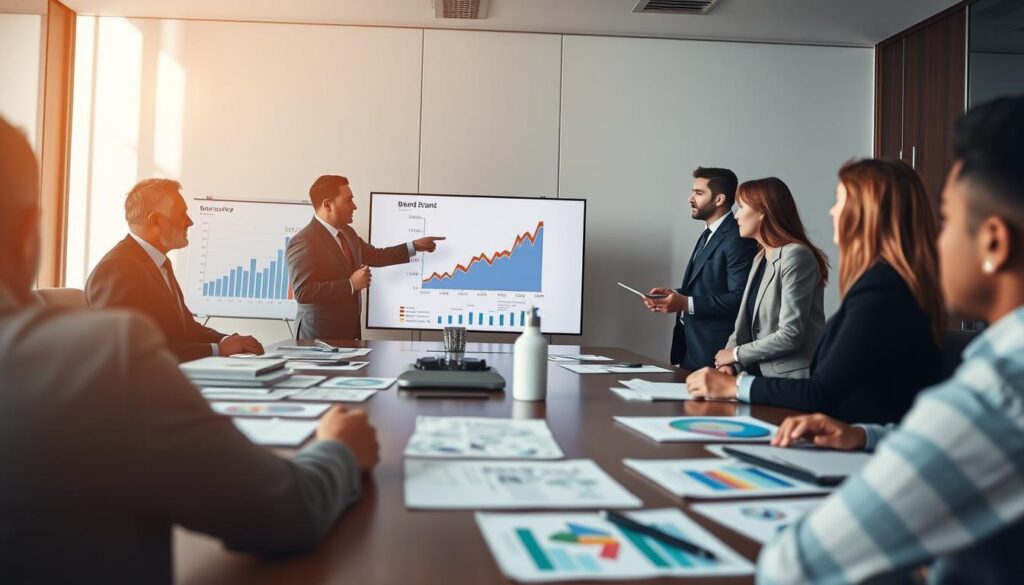 A dynamic boardroom scene showcasing a diverse group of professionals engaged in a discussion about brand evaluation strategies. In the foreground, a high-end conference table filled with charts, graphs, and brand strategy documents. The middle section features a group of four businesspeople, two men and two women, in professional attire, deep in conversation. One person is pointing at a graph on a digital screen that illustrates brand performance metrics. The background includes a large window with natural light pouring in, creating a bright, motivating atmosphere. The image is shot on a Sony A7R IV with a 70mm lens, sharply focused and vividly detailed, showcasing a sense of collaboration and strategic thinking.
