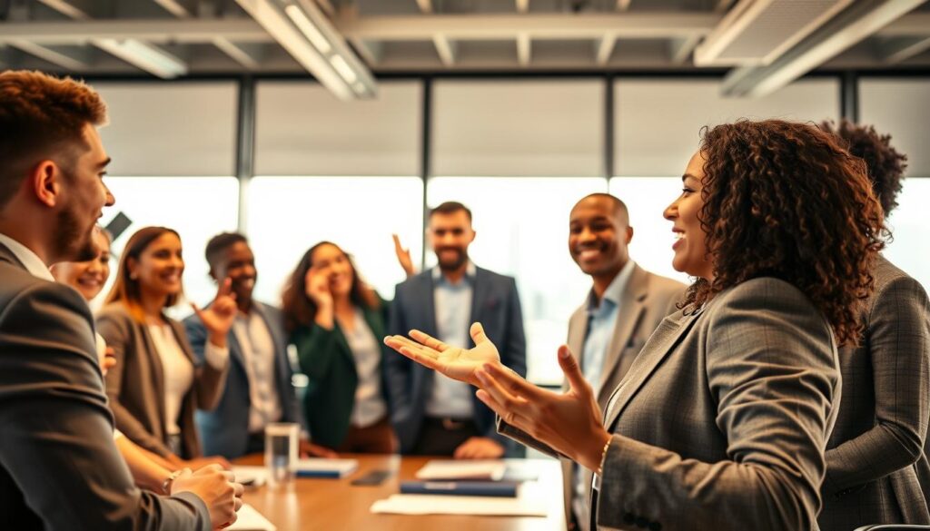 A dynamic business meeting scene in a modern office environment, showcasing a diverse group of professionals engaged in spirited discussion. In the foreground, a confident female leader in a smart blazer gestures passionately, inspiring her team. In the middle ground, enthusiastic colleagues of various ethnicities nod and lean in, displaying engagement and motivation. The background features large windows with natural light pouring in, illuminating the room and creating a warm atmosphere. A cityscape is visible outside, symbolizing opportunity. The overall mood is uplifting and collaborative, with a sense of empowerment and connection. Shot on a Sony A7R IV with a 70mm lens, clearly focused and sharply defined.