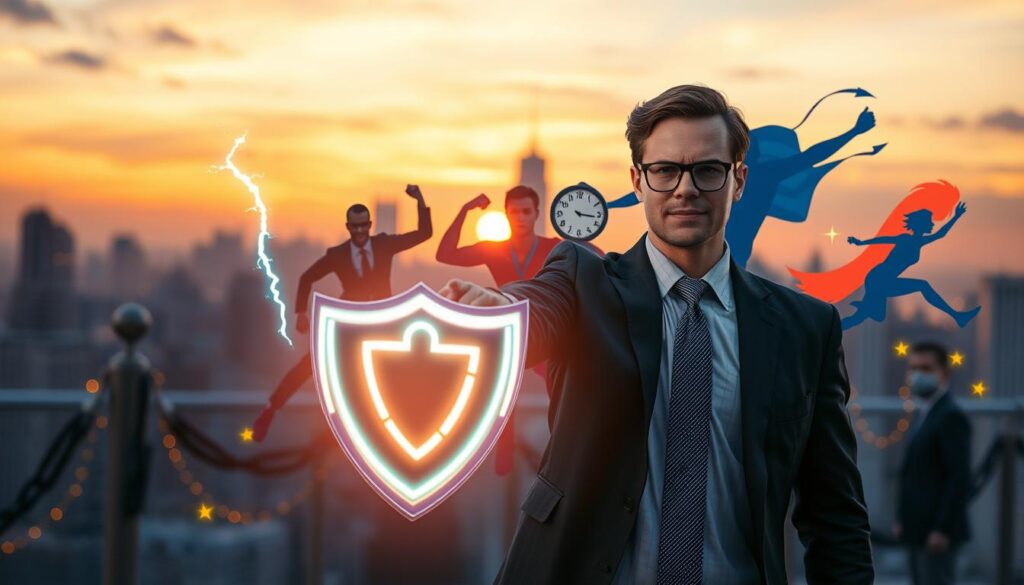 A dynamic composition featuring popular superpowers represented through vibrant symbols and characters. In the foreground, a person dressed in professional business attire displays a glowing shield symbolizing protection. The middle ground features other characters showcasing their respective powers: a figure harnessing lightning, another manipulating time with swirling clocks, and someone flying with a trail of stars. The background is a city skyline during sunset, with hues of orange and purple reflecting off the buildings, creating an ethereal atmosphere. The scene is shot with a Sony A7R IV at 70mm, ensuring sharp focus and clarity, enhanced by a polarized filter. The overall mood is inspiring and adventurous, inviting viewers to explore the meanings behind each superpower.