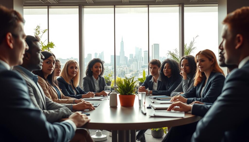 A dynamic corporate landscape illustrating "Leadership Identity in Transition." In the foreground, a diverse group of business professionals in smart attire engage in a roundtable discussion, their expressions focused and contemplative. The middle ground features a modern office environment with large windows, showcasing a bright, open space filled with greenery and innovative technology. In the background, a city skyline symbolizes growth and future possibilities. Use soft, natural lighting to create a calm yet inspiring atmosphere. Capture the scene with a Sony A7R IV at 70mm, ensuring a sharply defined focus on the subjects, while incorporating a polarized filter to enhance the clarity and richness of colors. The overall mood conveys hope, collaboration, and forward-thinking.