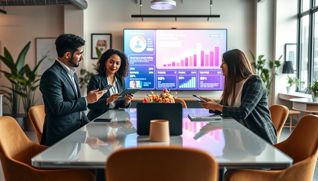 A dynamic influencer marketing scene set in a modern co-working space. In the foreground, a diverse group of three professionals in modest business attire engage in a brainstorming session around a sleek, contemporary table. One is presenting ideas using a tablet, while the others actively discuss and take notes. In the middle, a large digital screen displays vibrant social media insights and engagement statistics, symbolizing growth and interaction. The background features stylish office decor, with plants and artwork that create an inviting atmosphere. Soft, natural lighting enhances the scene, shot on a Sony A7R IV at 70mm, providing a clear focus and sharp definition, captured with a polarized filter to eliminate glare. The mood is collaborative and innovative, showcasing the power of influencer and referral marketing as a key growth driver.