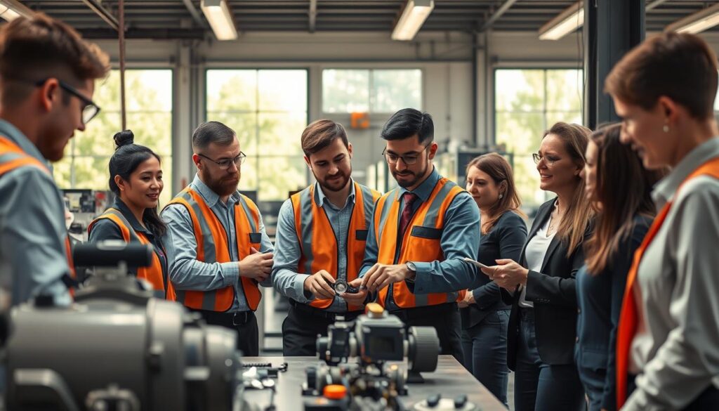A dynamic manufacturing community scene featuring diverse professionals engaged in collaborative activities. In the foreground, a group of men and women in professional business attire, including safety gear, examine a prototype component on a workbench. The middle ground showcases advanced machinery and equipment, emphasizing innovation and teamwork. In the background, large windows let in natural light, illuminating the workspace, with greenery visible outside to convey an eco-friendly atmosphere. The image is shot with a Sony A7R IV at 70mm, ensuring sharp details and clarity. The mood is one of enthusiasm and collaboration, highlighting the commitment to the manufacturing community and the pursuit of excellence.