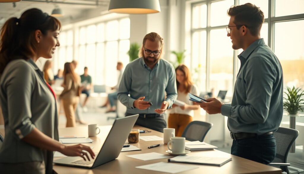 A dynamic office environment bustling with activity, featuring a diverse group of professionals collaborating on a project. In the foreground, a woman and a man discuss ideas, gesturing towards a laptop screen displaying charts, while another team member takes notes. The middle ground showcases a modern conference table with scattered documents and coffee cups, emphasizing teamwork. In the background, large windows allow natural light to flood the space, illuminating the vibrant atmosphere and creating a warm glow. The image is shot on a Sony A7R IV with a 70mm lens, ensuring clear focus and sharp details, captured at a slightly elevated angle to provide depth and context. The mood is inspiring and collaborative, reflecting the theme of integration into a new team.
