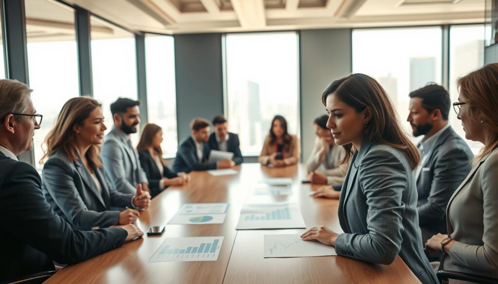 A dynamic office environment showcasing a diverse group of professionals engaged in a brainstorming session around a large conference table. In the foreground, a confident woman in a smart business suit writes on a digital screen, highlighting growth strategies. The middle ground features focused individuals of various ages and ethnicities, analyzing charts and discussing ideas, while a bright window fills the space with natural light, symbolizing clarity and opportunity. The background includes a modern city skyline visible through glass walls, representing future possibilities. The atmosphere is collaborative and optimistic, captured with crisp details and vibrant colors, using a Sony A7R IV at 70mm with a polarized filter to enhance clarity and depth.